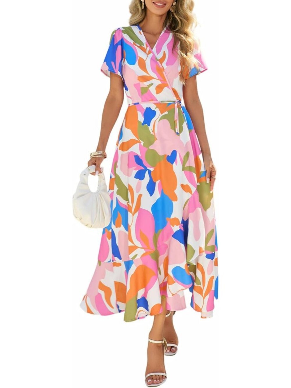 Women's Multicolored V Neck Casual Short Sleeve Pull On Zipper Maxi Dresses